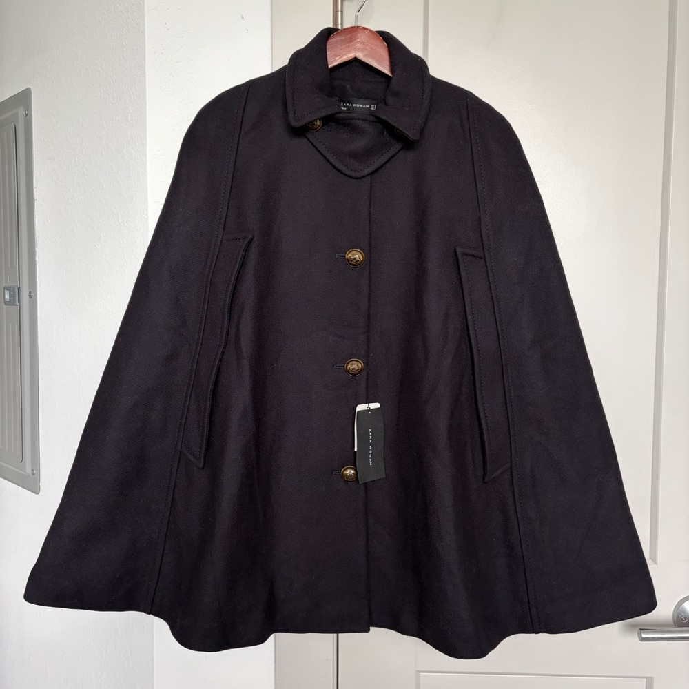 Zara Black Wool Cape with Button Front